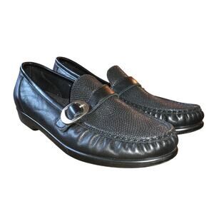SAS Womens 7.5 Lara Loafers Buckle Strap Slip On Black Leather Embossed Comfort